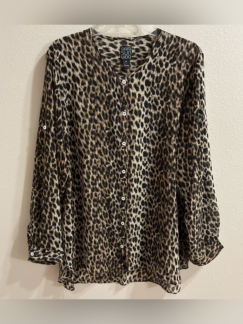 Clara Sun Woo Blouse Top Size XL Leopard Print Lightweight Elevated Basic Chic